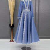 A-Line Ankle-Length Prom Dresses Vestidos De Noche High Neck Arabic Long Sleeve Evening Gowns Blue Wedding Party Dress Silver